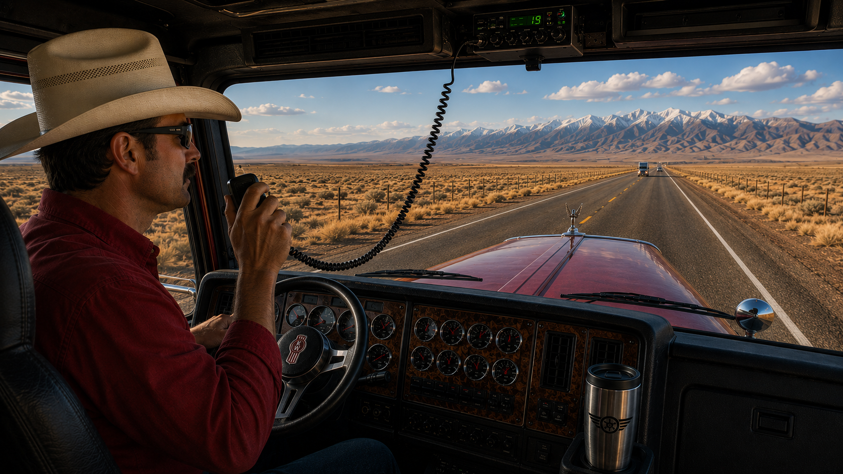 A driver in a cowboy hat and sunglasses speaks into a CB radio microphone while driving a semi truck down a desert highway toward distant mountains